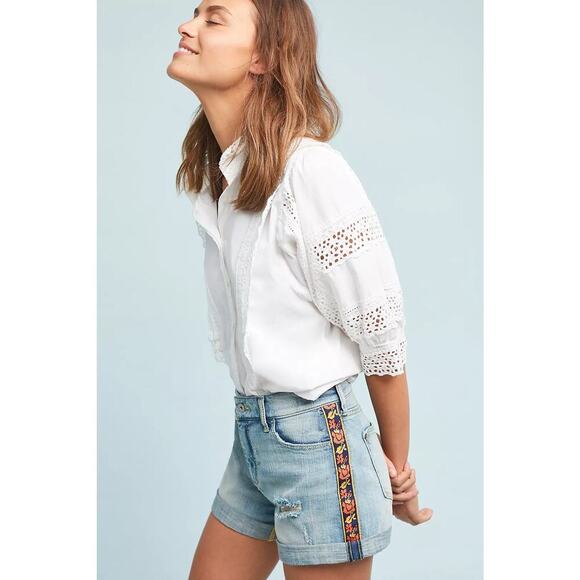 Pilcro Anthropologie Mid-Rise Slim Boyfriend Denim Shorts Women’s 27 Embroidered - Picture 1 of 10
